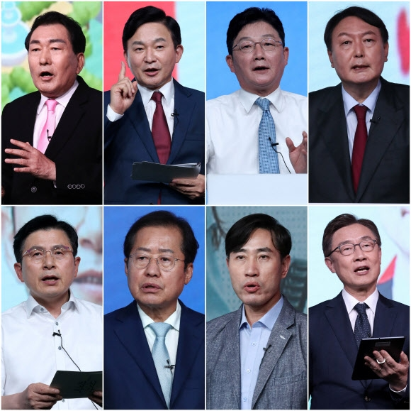 국민의힘 1차 예비경선 통과한 8명의 후보들 15일 국민의힘 1차 예비경선(컷오프)을 통과한 안상수 원희룡 유승민 윤석열 최재형 하태경 홍준표 황교안 후보.(왼쪽 상단부터 시계방향. 가나다 순) 국민의힘은 다음달 8일 2차 예비경선에서 4명으로 후보를 압축한 뒤 11월5일 최종 후보자를 확정한다. 2021.9.15 연합뉴스