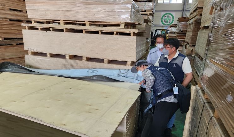 단속반이 법·불량 목재제품 품질단속을 하고 있다