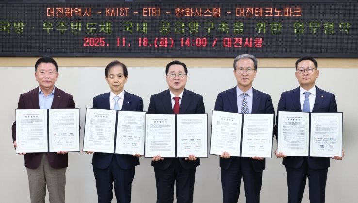 왼쪽부터 김우연 대전테크노파크 원장, 이광형 KAIST 총장, 이장우 대전시장, 방승찬 ETRI 원장, 손재일 한화시스템 대표