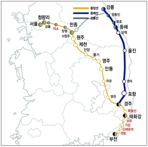 중앙선‧동해선‧ 강릉선 노선도